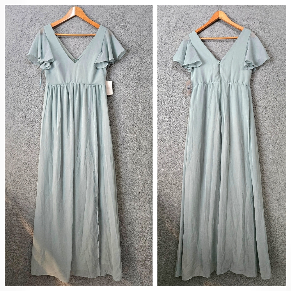 Birdy Grey Hannah Chiffon Maxi Dress Small Sage Flutter Sleeve Flowy Bridesmaid - Picture 3 of 13